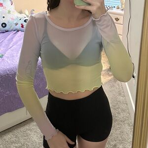 Gradient Colorful Mesh Long Sleeve Crop Top